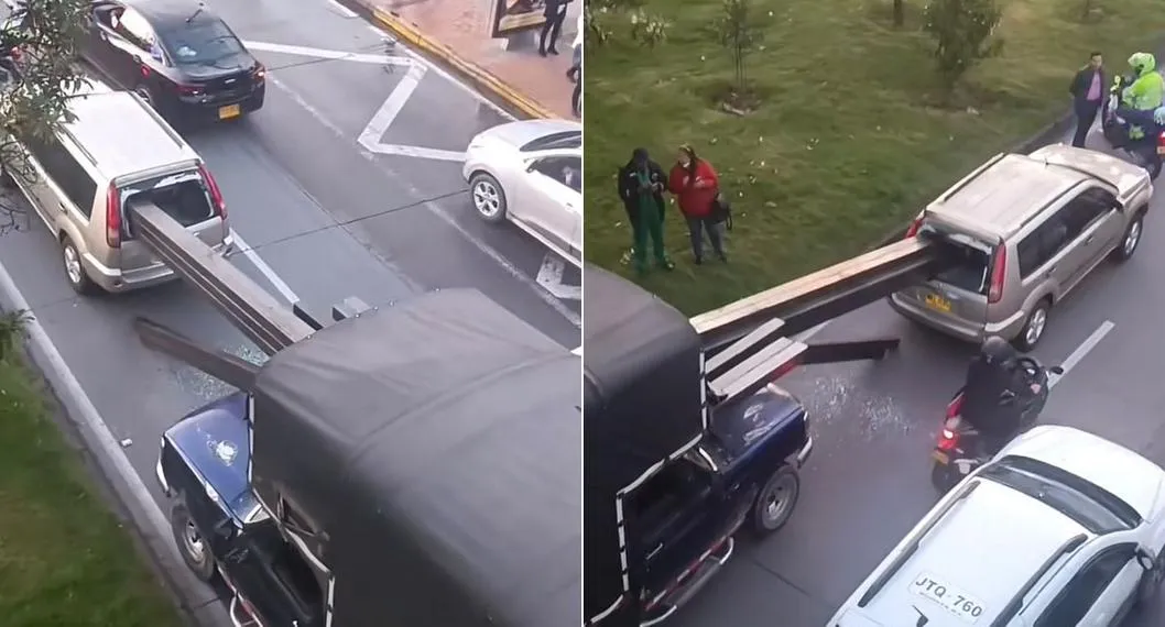 Camioneta en Bogotá terminó atravesada por carga de acero que se salió de un camión.