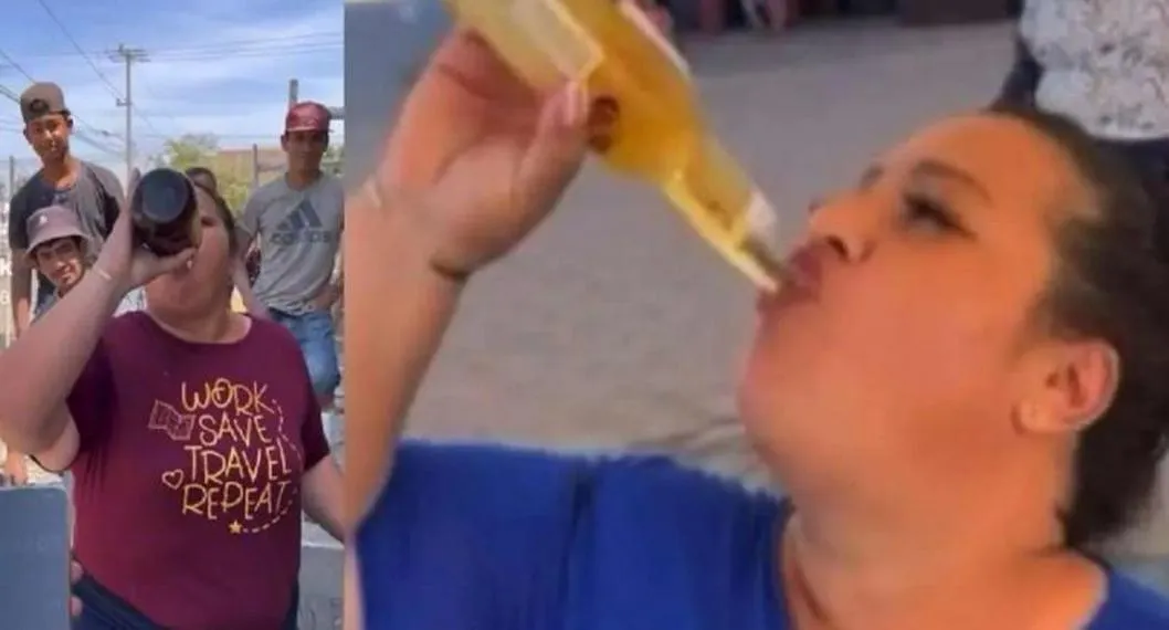 Mujer se toma cerveza en 4 segundos; en video, le paga a quien le gane en México
