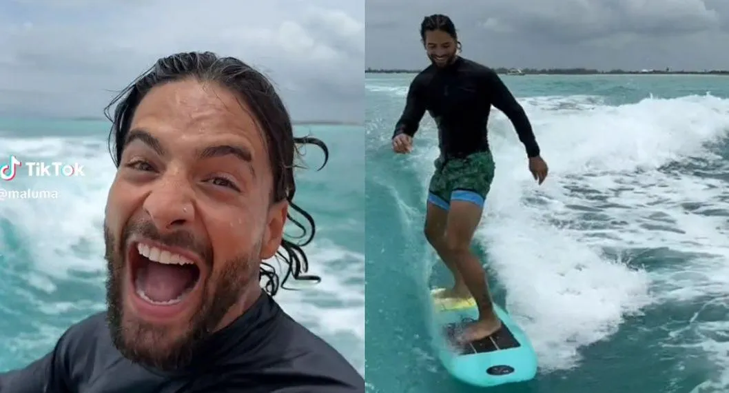 Momento en el que Maluma surfea en México y es sorprendido por un grupo de delfines