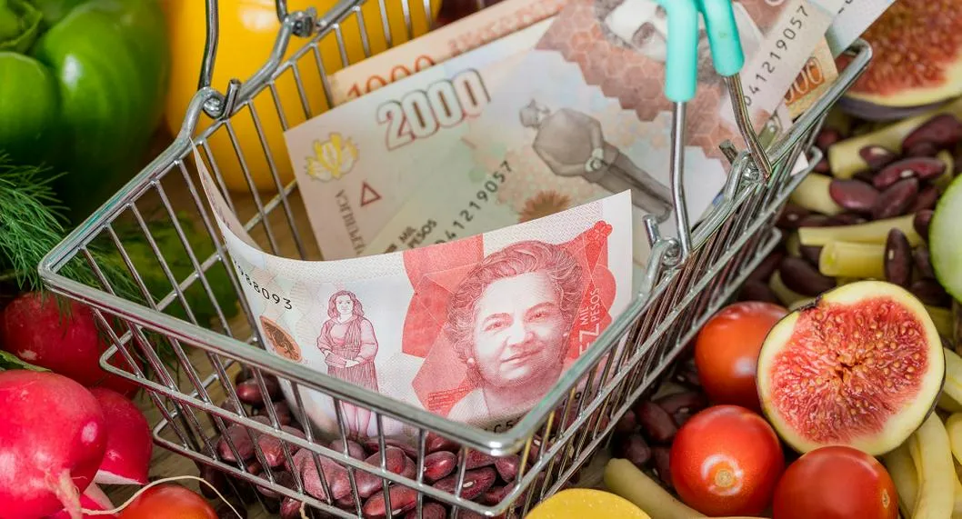 Shopping basket with Columbia pesos money, around food products, vegetables and fruits.  The concept of inflation, rising prices and more expensive food