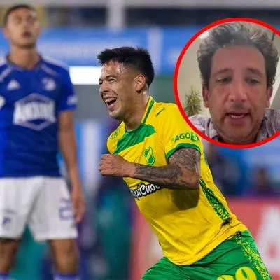 Antonio Casale, periodista hincha de Millonarios, y escena del partido en el que el equipo azul quedó eliminado de Copa Sudamericana contra Defensa y Justicia.