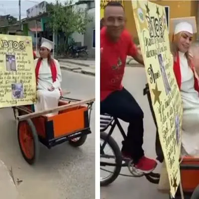[Video] Mujer fue a recibir grado montada en carretilla con la que su esposo vende verduras 