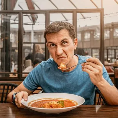 Imagen ilustrativa de un hombre comiendo con desagrado, como si probara una de las peores comidas callejeras del mundo, entre las que hay dos colombianas.