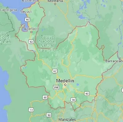 Mapa de Antioquia, donde hubo una emergencia en Andes por presunto error del Ejército.