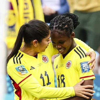 SYDNEY, AUSTRALIA - JULY 25: Linda Caicedo of Colombia (R) celebrating her goal with her teammate Catalina Usme of Colombia (R) during the FIFA Women's World Cup Australia & New Zealand 2023 Group H match between Colombia and Korea Republic at Sydney Football Stadium on July 25, 2023 in Sydney, Australia. (Photo by Patricia Pérez Ferraro/Eurasia Sport Images/Getty Images)