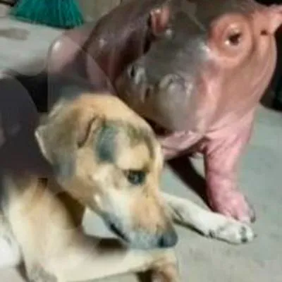 Hipopótamo bebé y perrito criollo son amigos en Puerto Triunfo 
