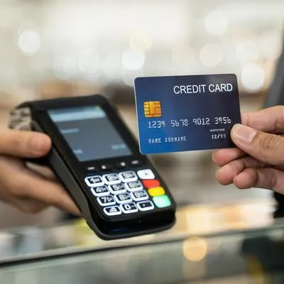 Persona pagando con tarjeta de crédito, en nota sobre cuánto tuvo que gastar para declarar renta
