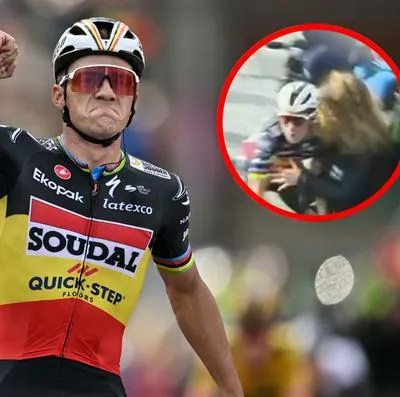 Remco Evenepoel ganó etapa 3 de la Vuelta a España y se estrelló con reportera; quedó sangrando.