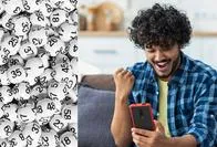 Persona feliz mirando su celular / Pelotas de lotería. En relación a cómo comprarla.