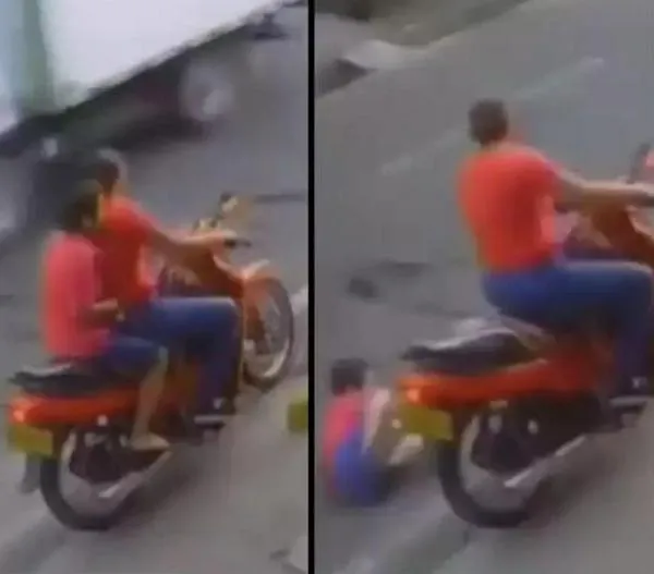 Mujer arroja a un niño de su moto de un codazo, por poco es atropellado al caer