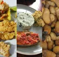 Platos típicos en el amazonas, incluye pescados crudos y hasta gusanos.