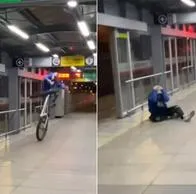 Bogotá: joven en Transmilenio quiso hacer maniobra en bicicleta y se metió totazo.