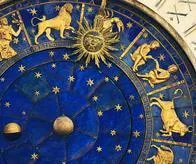 top rigth part face of the famous venetian clock -  Torre dell'Orologio on St Mark's Square (Piazza San Marco), showing the some signs of the zodiac (virgo, leo, cancer, gemini, taurus