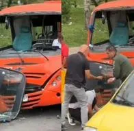 ¡Salieron volando las monedas! Fuerte choque de buseta en Ibagué: vidrio quedó destrozado 