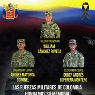 Fuerzas Militares dicen que asesinato de 3 soldados en Antioquia y Cauca viola el cese al fuego.