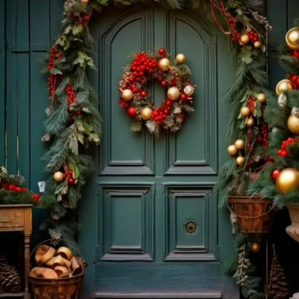 Puerta decorada con motivo navideño.