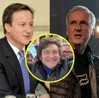 El ministro inglés David Cameron (izquierda), el director de cine James Cameron (derecha) y el presidente electo de Argentina, Javier Milei (centro).