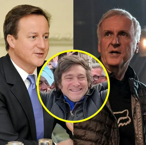 El ministro inglés David Cameron (izquierda), el director de cine James Cameron (derecha) y el presidente electo de Argentina, Javier Milei (centro).