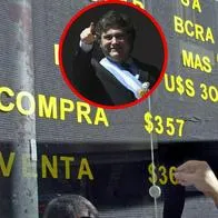 El presidente Javier Milei y la ventana de una casa de cambios en Argentina.