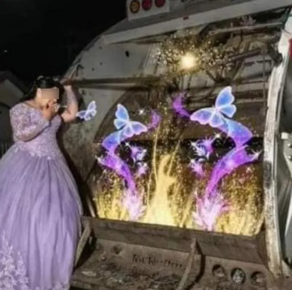 Joven quinceañera de México que posó muy orgullosa frente al camión de la basura de su padre
