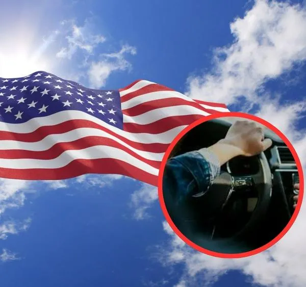 Bandera de Estados Unidos y conductor. En relación con ofertas laborales.