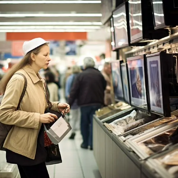 Mujer mirando televisores a la venta en nota sobre trasnochón de descuentos en Makro