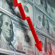 Loss in American dollar. Red arrow graph is showing a drastic fall over American dollar background. Selective focus. Horizontal composition with copy space.