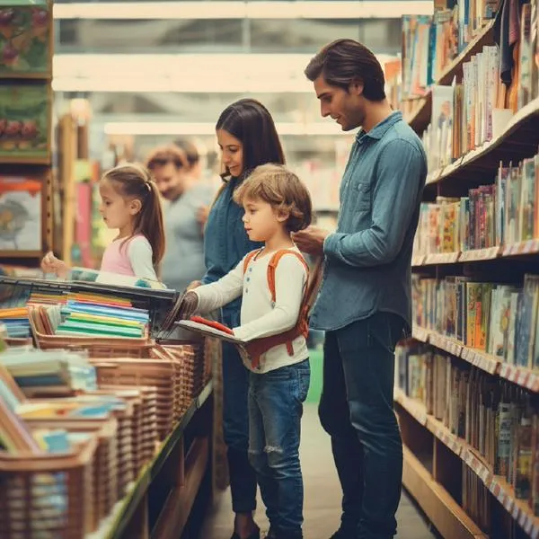 Papás comprando útiles escolares en nota sobre subsidio educativo que dan Compensar y Colsubsidio 