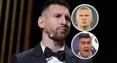 Fotos de Lionel Messi, de Erling Haaland y de Eduardo Luis, en nota de que papá de Haaland hizo duro gesto cuando el argentino ganó The Best y el periodista pulló