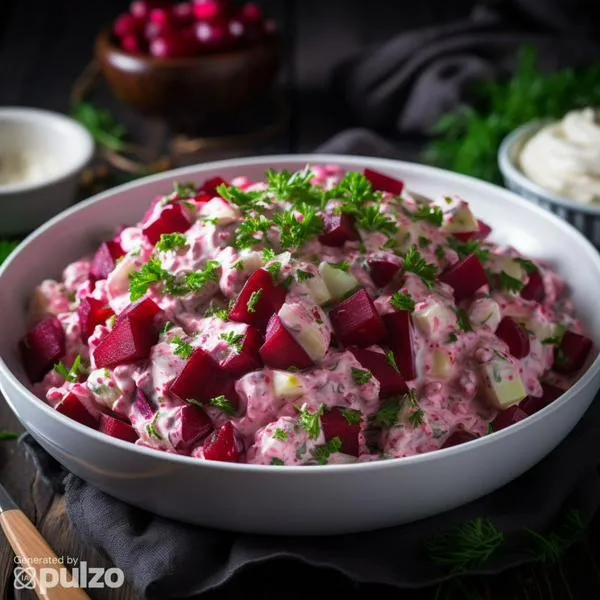 Receta de ensalada roja para acompañar los almuerzos o las cenas. Conozca el paso a paso. Remolacha, zanahoria, cebolla y mayonesa.