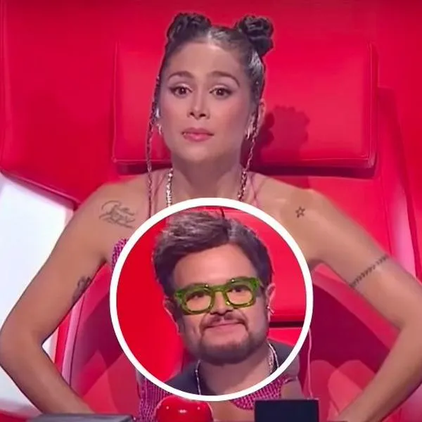 Foto de Greeicy y Aleks Syntek, en nota de que en La voz kids, nieto de ícono vallenato brilló con ambos jurados en raro caso