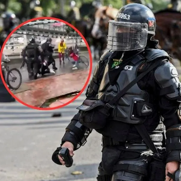 Momento en el que un agente del Esmad pateó en el rostro a una mujer manifestante durante el paro nacional de 20219. El uniformado fue sancionado