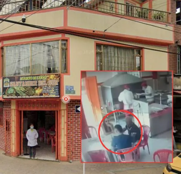 Imagen del restaurante y captura del video donde se ve a policía confrontando delincuentes.