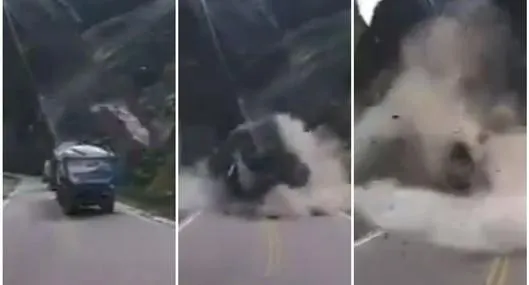 Video | En un deslizamiento roca cayó sobre un camión destruyéndolo totalmente