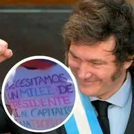 Foto de Javier Milei y mujer marchante, en nota de Milei para Colombia, propuesta durante marcha contra Gustavo Petro.