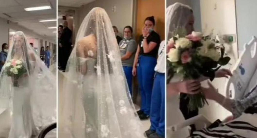 Momento en el que una mujer en Estados Unidos celebra su boda en un hospital para que su padre, enfermo de cáncer, la viera