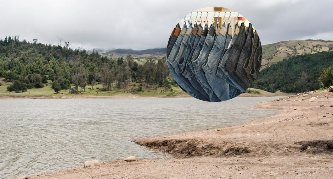 Imagen de embalse seco y jeans por nota sobre consumo de agua para producción de ropa en Colombia
