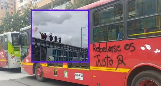 Marchas en Bogotá hoy: vandalizan locales, buses y estaciones de Transmilenio durante movilizaciones. Varios quedaron con grafitis. 