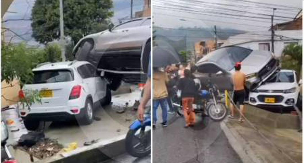Camioneta termina encima de otro carro en aparatoso accidente en Manrique, en Medellín