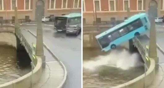 Momento en el que un bus en San Petersburgo, Rusia, cae al río Moika. 7 personas fallecieron