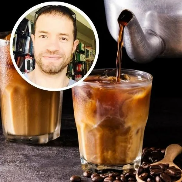 Foto de Francisco Trujillo y latte helado, en nota de que colombiano en Australia reveló cómo es su invento para café frío en tres minutos