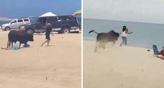 Video | Toro corneó brutalmente a una mujer mientras estaba descansando en la playa.