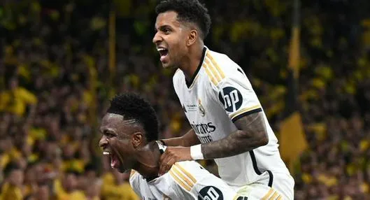 Vinicius Jr. y Rodrygo celebrando el gol del Real Madrid para quedar campeones de la Champions League contra Borussia Dortmund