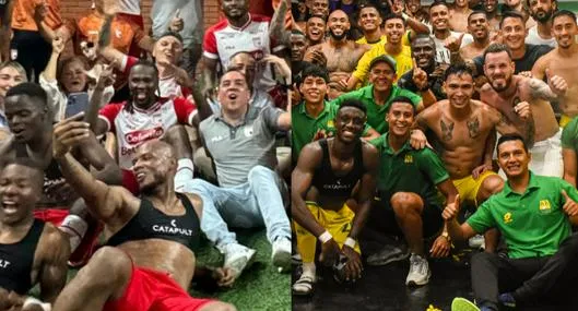 Jugadores de Santa Fe y futbolistas de Bucaramanga, en nota sobre cuándo es la final de la Liga BetPlay