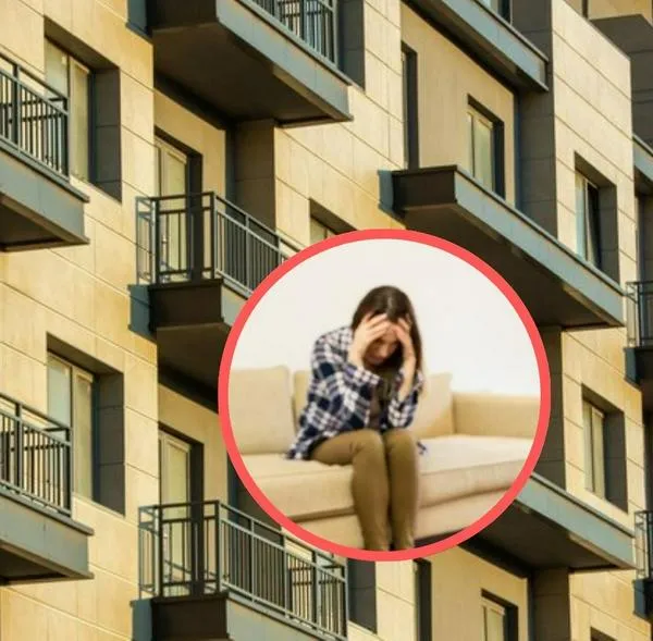 Edificio y mujer angustiada. En relación con problema que viven en conjunto de Bogotá.