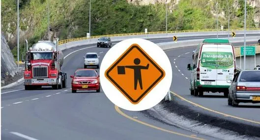 Fotos de vías y aviso, en nota de qué significa la señal de hombre con bandera en Colombia y su clave en carretera