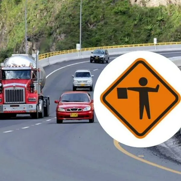 Fotos de vías y aviso, en nota de qué significa la señal de hombre con bandera en Colombia y su clave en carretera