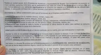 Estafa a nombre de Acueducto de Bogotá: ladrones envían carta de visita a casas
