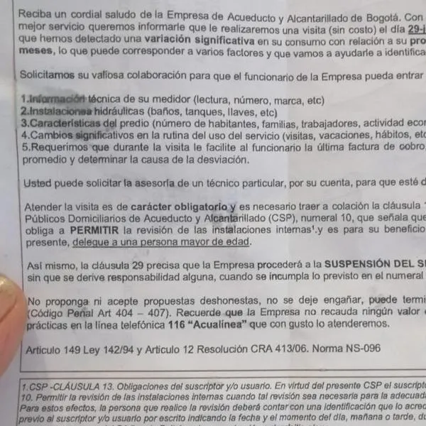 Estafa a nombre de Acueducto de Bogotá: ladrones envían carta de visita a casas