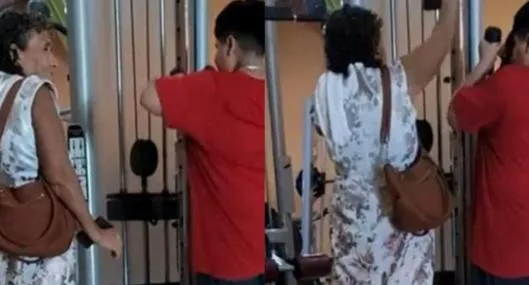 (Video) Abuelita conmueve al acompañar a su nieto al gimnasio para apoyarlo